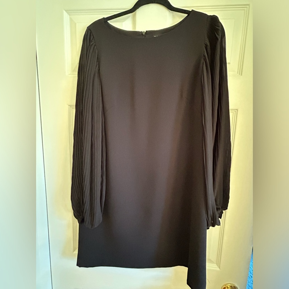 White House Black Market simple black dress with accordion sleeves; Size 12